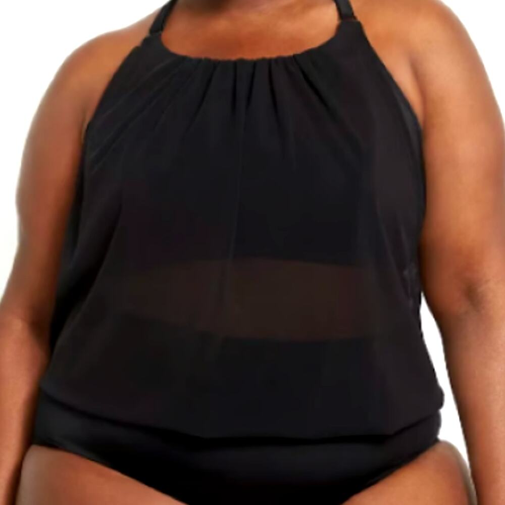 CACIQUE size 24 Mesh Blouson Swim Bra Tankini Top Dress Black White Sheer Sexy